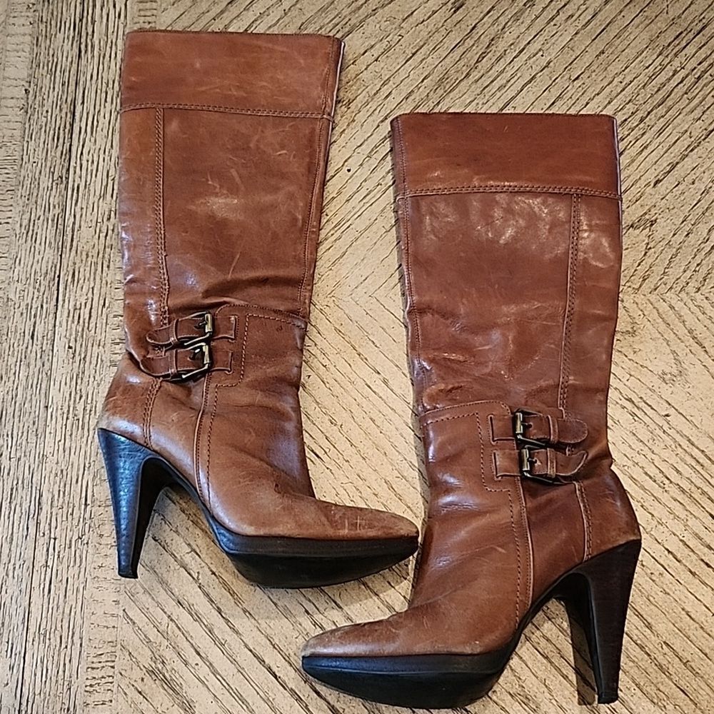 Tan Leather 4 inch heels boots River Island size 38 or 7
